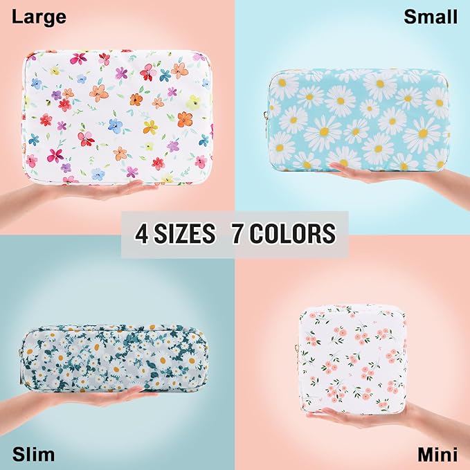 Nylon Small Floral Makeup Bag for Purse, Cute Preppy Makeup Bag Flower Cosmetic Zipper Pouch Purse, Waterproof Portable Travel Toiletry Makeup Brush Bag Organizer Storage for Women Girls(White-Flower)