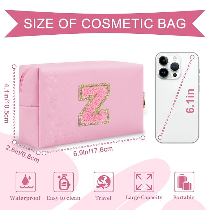 Personalized Initial A-Z Preppy Patch Makeup Bag,Small PU Leather Chenille Letter Cosmetic Bag with Zipper for Teen Girls,Pink Cute Travel Toiletry Bag,Birthday Monogrammed Gift for Daughter,Letter Z