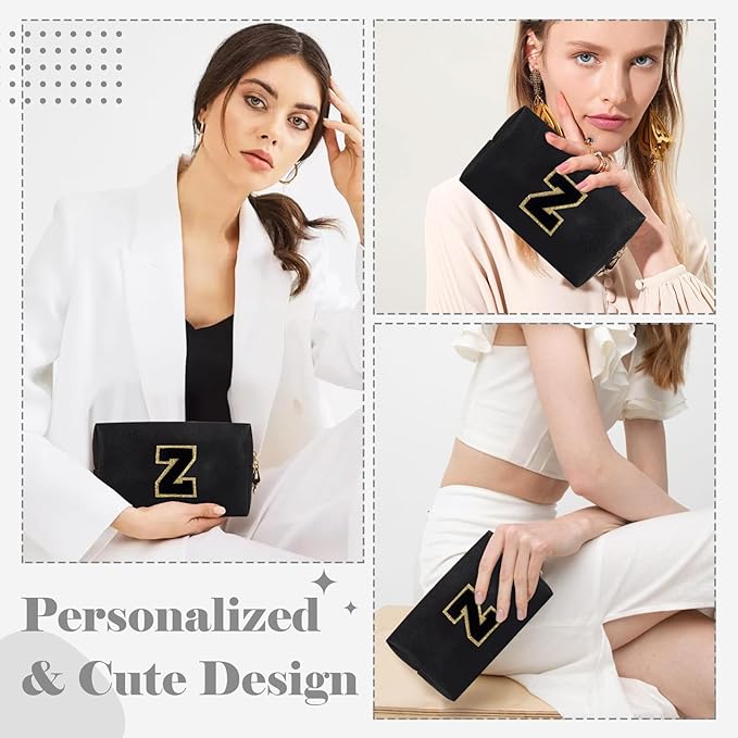 Personalized Initial A-Z Preppy Patch Makeup Bag,Small PU Chenille Letter Cosmetic Bag with Zipper for Teen Girls,Black Cute Toiletry Organizer Bag,Monogram Makeup Case Gift for Women Girls,Letter Z