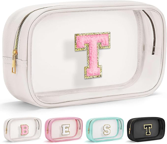 YOOLIFE Initial Make Up Bag Travel Toiletry Bag, Clear Makeup Bag Preppy Cosmetic Bag Clear Makeup Bags With Zipper Girlfriend Teacher 8 Year Old Girl Gifts Daughter Gifts Swim Gifts For Girls White T