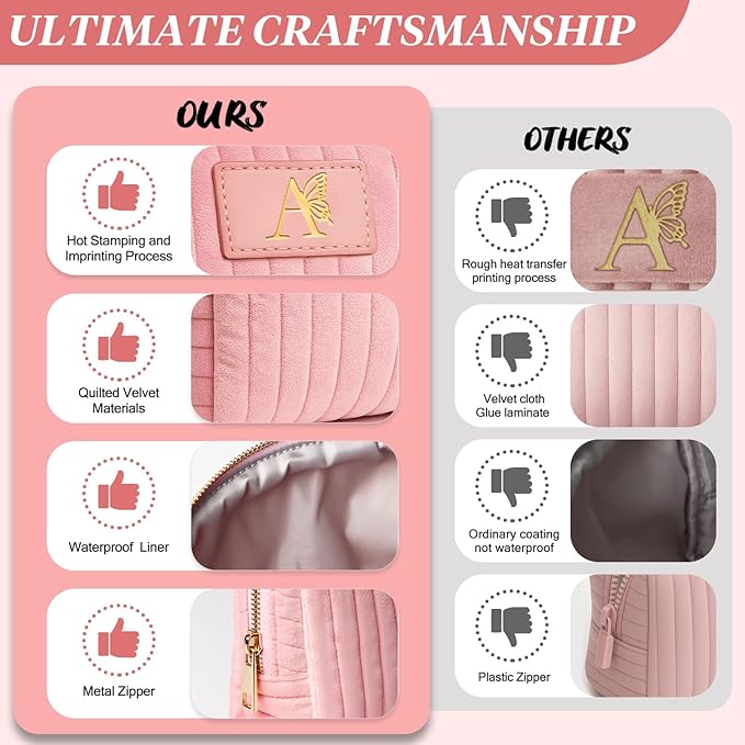 Monogrammed Make Up Bags for Women,Personalized Cosmetic Bags Women,Small Quilted Makeup Pouch,Cute Makeup Bag Travel,Birthday Gifts for Teen Girl (Pink A)