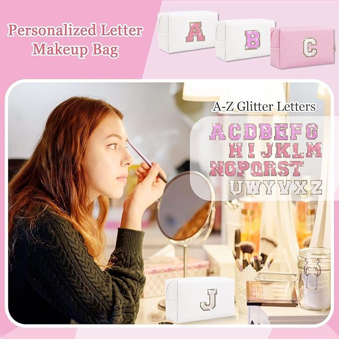 Small Personalized Glitter Initial Letter Makeup Bag, Cute PU Leather Chenille Letters Cosmetic Bag Travel Makeup Pouch, Preppy Travel Organizer Zipper Pouch for Women&Girls（White-J）