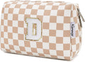 Narwey Birthday Gifts for Women Teen Girls Kids Personalized Initial Checkered Makeup Bag Cute Cosmetic Bag Trendy Stuff 6 8 10 11 12 13 14 16 18 Years Old Travel Toiletry Bag (Brown Letter D)