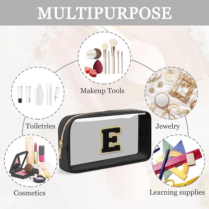 Small Clear Personalized Initial Makeup Bag,Nylon Preppy A-Z Chenille Letter Patch Cosmetic Pouch Beach Toiletry Bag,Waterproof Zipper Travel Purse Storage Bag Organizer for Women Girls(Black-Black E)
