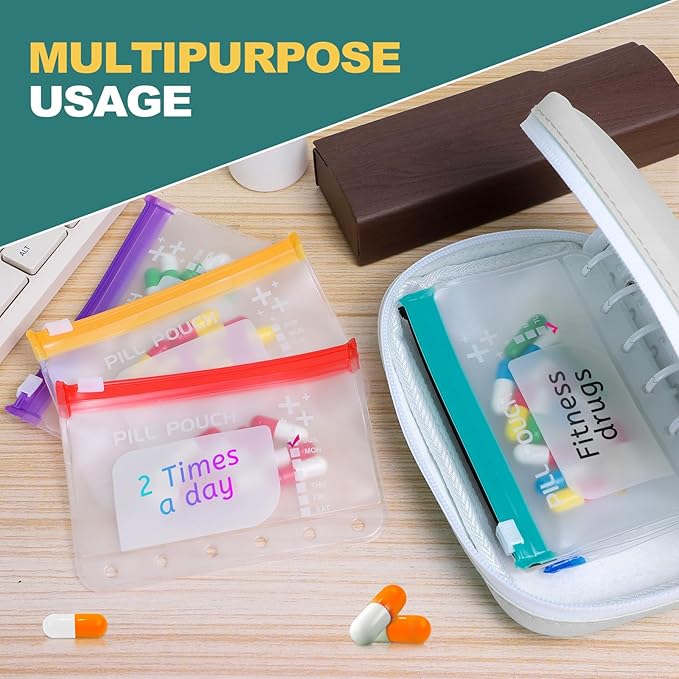 A7-L Water-Proof Pill Pouch Set， Large Pill Organizer, BPA Free, A7-L Pill Loose-Leaf Storage with Color-Coded Medicine Pouches, Reusable Travel Medicine Organizer， Zippered Pill Organizers Weekly