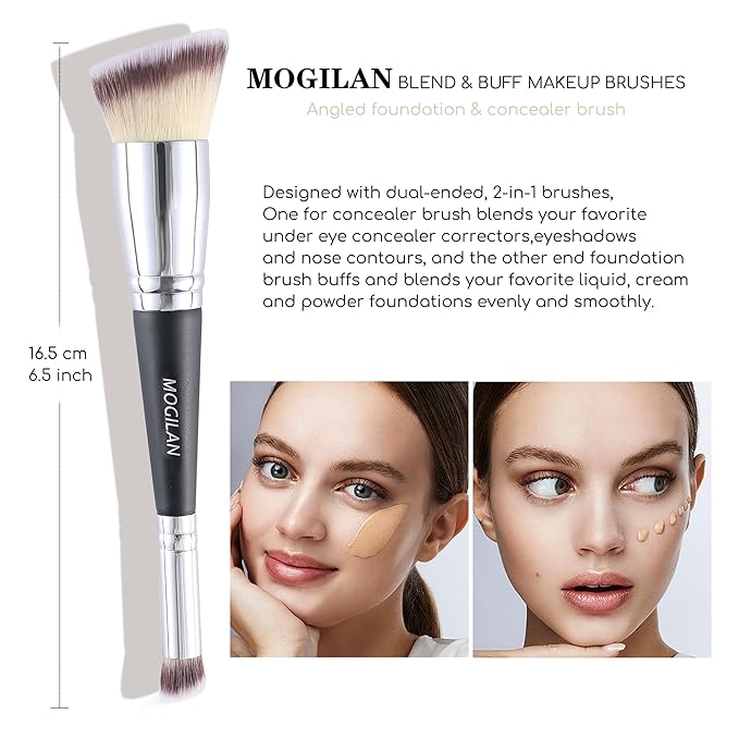 Professional Dual-Ended Makeup Brush - Buff, Blend & Perfect Foundation, Concealer, and Cream Products for Seamless Makeup Application Vegan Face Brush, Black
