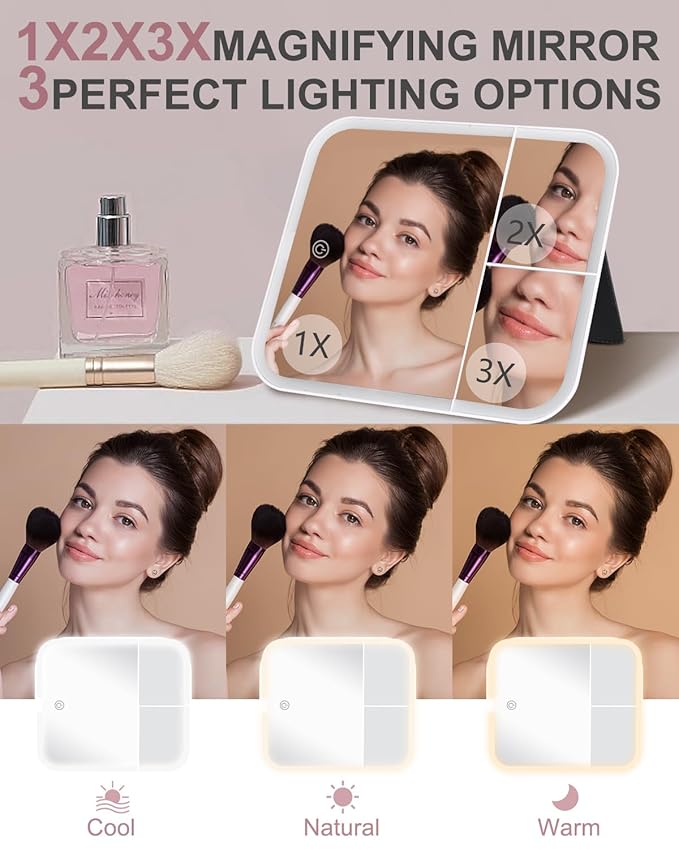 Makeup Bag with LED Lighted Mirror| Portable Makeup Organizer Train Case with 2X/3X Magnification & 3 Color Lights for Precision, Adjustable Brightness| Elegant Gift Packaging, Gift for Women, Pink