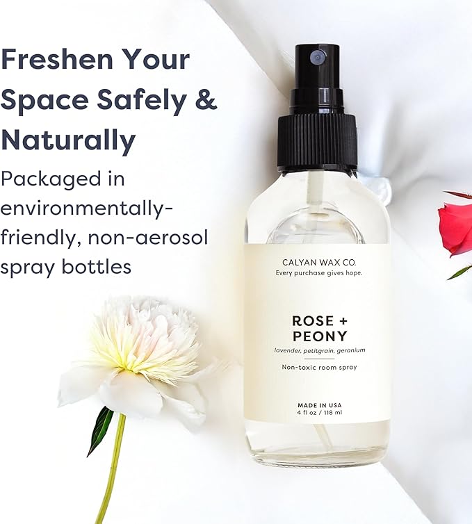 Calyan Wax Co. Rose & Peony Air Freshener, Non Aerosol Bedroom Spray, Natural Room Mist, Aromatherapy Spray with Essential Oils, 4fl oz