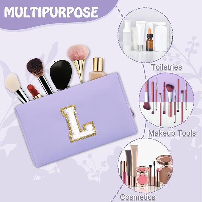Personalized Initial Preppy Makeup Bag Organizer, Small Purple Cute Cosmetic Bag Travel Toiletry Zipper Pouch for Women, Portable Waterproof PU Makeup Case Birthday Gifts for Friends Teacher(Letter L)