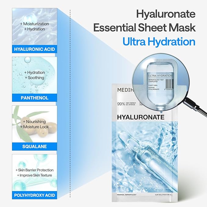 Mediheal Essential Mask (10pcs, Hyaluronate) 98% Pure Hyaluronic Acid for Long-lasting Hydration, Deep Skin Absorption & Moisture Barrier Vegan formula