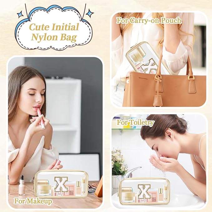 Small Clear Personalized Initial Makeup Bag, Preppy A-Z Chenille Letter Patch Cosmetic Bag, Cute Transparent Nylon Waterproof Zipper Beach Varsity Letter Pouch, Gift for Women Girls(Beige-White X)