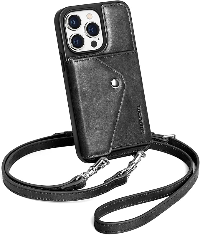 LUCKYCOIN Crossbody Wallet Phone Case for iPhone 15 Pro,100% Genuine Leather Wallet Phone Case with Expandable Flip Card Holder,Phone Purse for Women with Adjustable Removable Strap - Black