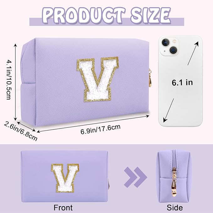 Personalized Initial Preppy Patch Makeup Bag, Cute Purple Cosmetic Organizer Travel Toiletry Zipper Pouch Small Makeup Bag for Purse,PU Leather Make Up Storage Valentines Day Gifts for Women(Letter V)