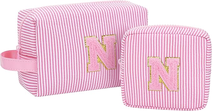 Initial Makeup Bag Cosmetic Bag Bridal Shower Gifts - Bridesmaid Bag,Bridesmaid Proposal Gifts for Wedding Day,Maid Matron of Honor Gift, Bride to be Gifts,Bachelorette Party Favors,2PCS,Pink N