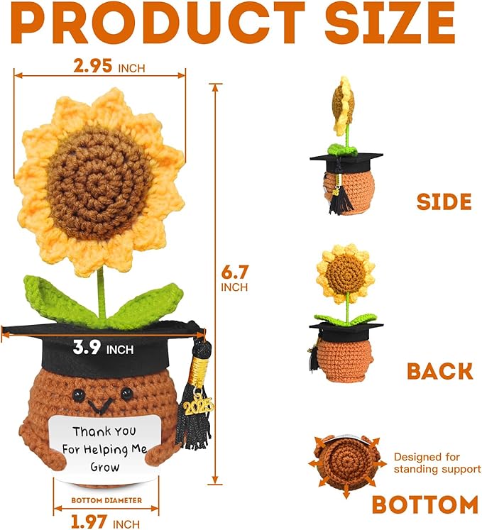Teacher Appreciation Gifts, Handmade Crochet Sunflower Teacher Gifts, Thank You for Helping Me Grow, Daycare Teacher Appreciation Gifts for Women Men, End of Year Graduation Teacher Gifts (3)