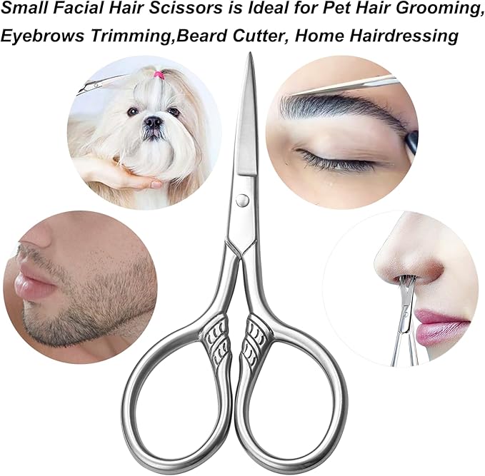 Small Precision Scissors, 3.5inch Stainless Steel Multi-Purpose Vintage Beauty Grooming Kit for Facial Hair, Eyebrow, Eyelash, Beard, Moustache with PU Sheath