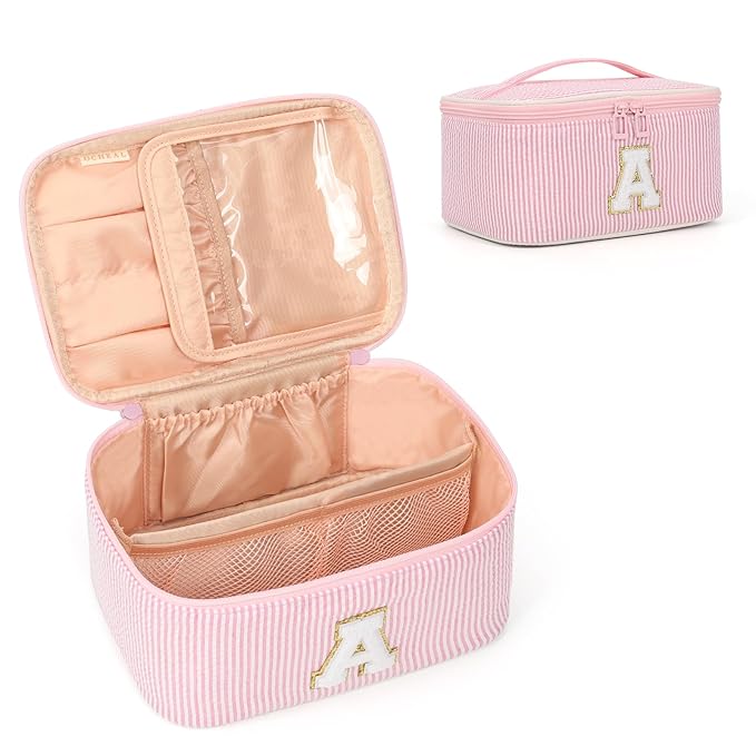 OCHEAL Makeup Bag for Women, Monogram Cosmetic Bag with Brush Holder, Pink Travel Makeup Case Beauty Toiletry Bag Organizer Personalized Gifts for Girls Bridesmaid, Sister, Wife, Friends Initial A