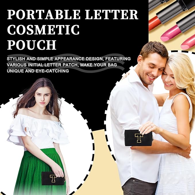 Personalized Initial Letter Patch Makeup Bag, Portable Chenille Letters Cosmetic Bag with Zipper, PU Leather Waterproof Travel Toiletry Bag Monogram Make Up Pouch for Women Girls(Letter T)