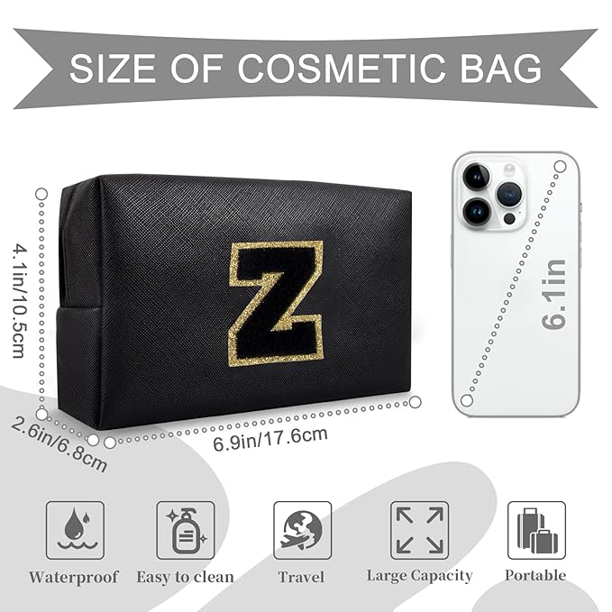 Personalized Initial A-Z Preppy Patch Makeup Bag,Small PU Chenille Letter Cosmetic Bag with Zipper for Teen Girls,Black Cute Toiletry Organizer Bag,Monogram Makeup Case Gift for Women Girls,Letter Z