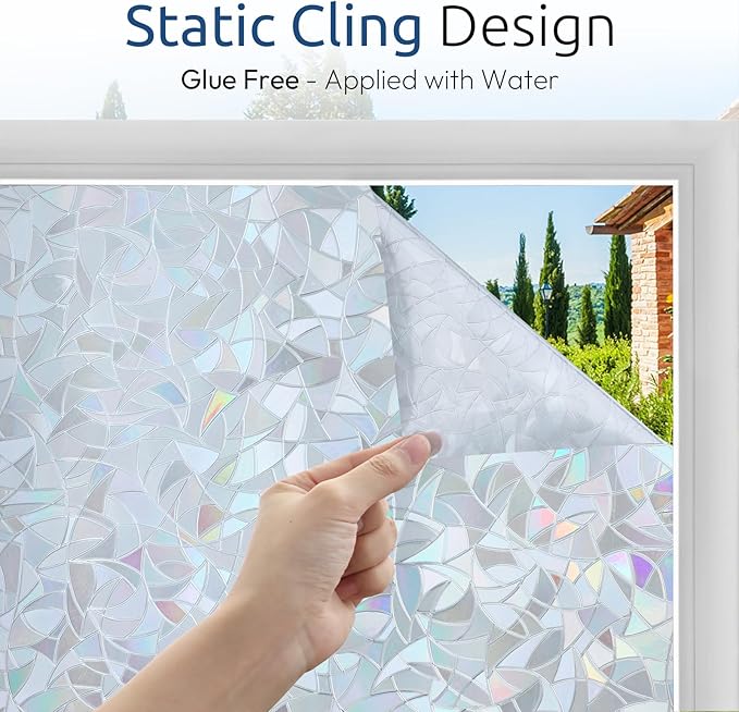 rabbitgoo Window Privacy Film Rainbow Film Decorative Window Sticker, 3D Static Stained Glass Cling Tint for Home Heat Control Non-Adhesive, Grayish Silver, 29.5 x 78.7 inches