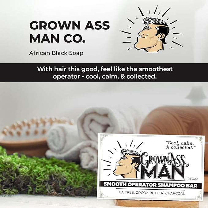 Grown Ass Man Co. - Solid Shampoo Bar Rich Lather 3 in 1: Hair, Beard & Body Wash - Plastic Free & Eco-Friendly, Natural & Organic Clean for All Hair Types, 4oz Bar (Smooth Operator, Single)