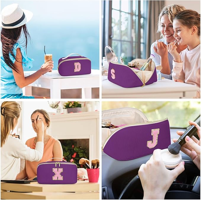 Personalized Initial Makeup Bag,Christmas Gifts for Girl,Preppy Bag Cosmetic Travel Bag Women,Travel Toiletry Organizer,Large Capacity Corduroy Stuff Bag,Cute Cosmetic Pouch Skincare Bag-F