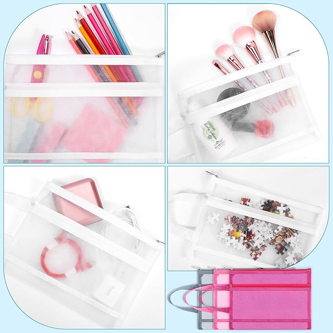 6 Pack Mesh Zipper Pouch Bags, Double Layer Nylon Pouch with Handle for Office Travel Organization (White, A5)