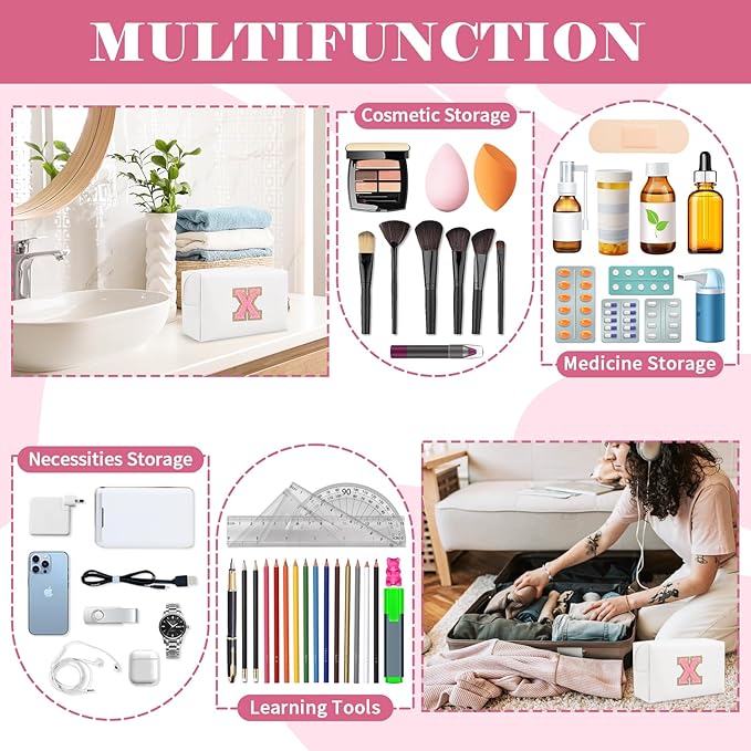 Personalized Makeup Bag Initial A-Z Preppy Patch Bag,Small PU Leather Travel Cosmetic Bag Pouch with Zipper,White Cute Toiletry Bag,Gift Ideal for Teen Girls Women Birthday Friend Mom,Letter X