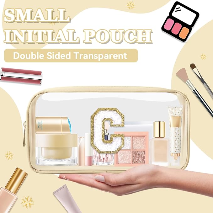 Small Clear Personalized Initial Makeup Bag,Nylon Preppy A-Z Chenille Letter Patch Cosmetic Pouch Beach Toiletry Bag,Waterproof Zipper Travel Purse Storage Bag Organizer for Women Girls(Beige-White C)