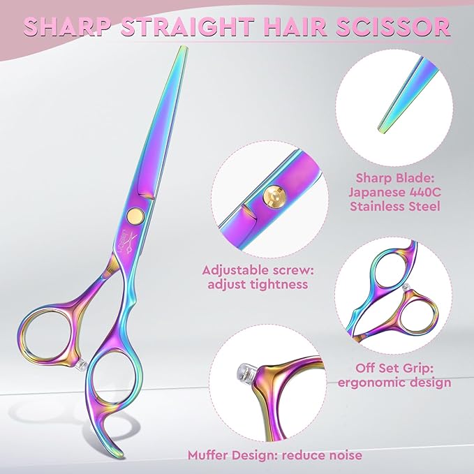 JASON Professional 10-Piece Haircut Scissors Kit - Texturizing Scissors with 30 Teeth, Straight Shears for Barber, Hairdresser, Men, Women, Stylist (6.7", Rainbow)