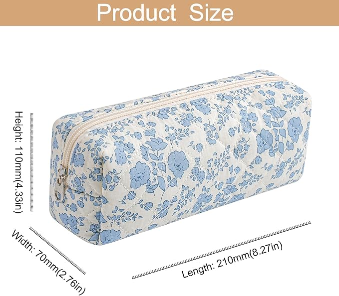 Cute Floral Cotton Makeup Brush Cosmetic Bag for Women, Travel Quilted Zipper Make Up Bag, Flowers Toiletry Organizer Case Kawaii Makeup Cosmetic Travel Cloth Pouch (Blue+Navy Blue)