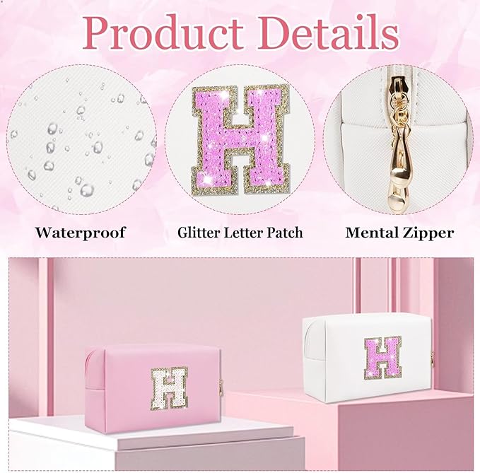 Glitter Initial Letter Makeup Bag, Small Personalized Sequins Letters PU Leather Cosmetic Bag Portable Waterproof Makeup Zipper Pouch, Shine Handbag Organizer Travel Bag Gifts for Women&Girls(White-H)