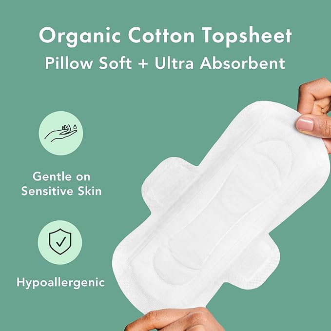 Rael Organic Cotton Cover Pads - Regular Absorbency, Unscented, Ultra Thin Pads with Wings for Women (Regular, 28 Count)