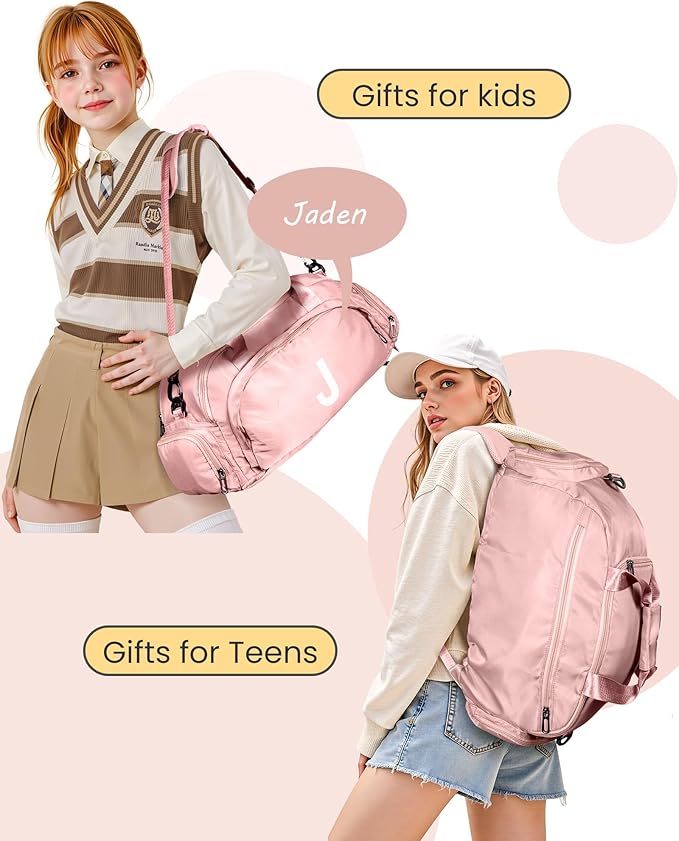 Sweet 16 Gifts for Girls, Initial Gym Bags with Shoe Compartment, Dance Bag for Girls, Monogram Kid Overnight Bags, Ballet Sport Gymnastics Cheer Travel Duffle Tote (Letter T)