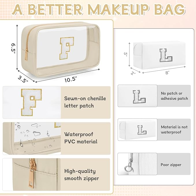 Personalized Initial Clear Makeup Bag, Travel Chenille Patch Cosmetic Bag, Preppy Toiletry Bag Monogram Cosmetic Pouch with Zipper, Ideal Gift for Teen Girls Women (Clear-Beige, F)