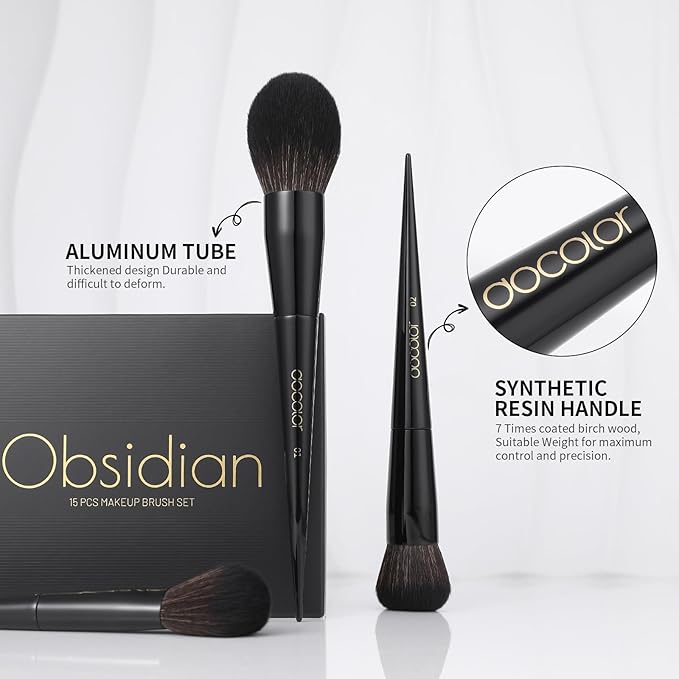 Docolor Makeup Brushes 15Pcs Obsidian Makeup Brush Set Premium Synthetic Powder Kabuki Foundation Contour Blush Concealer Eye Shadow Blending Eyeliner Crease Eyebrow Make Up Brush Kit