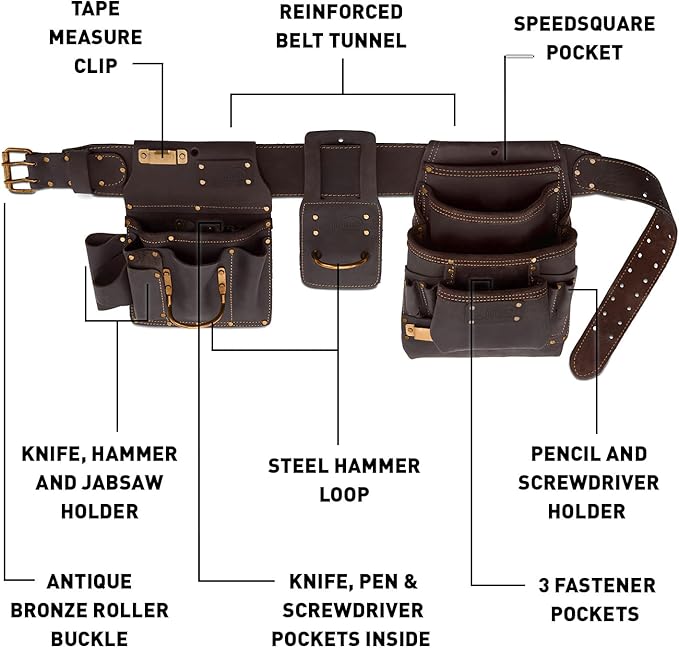 Ox Pro Drywall Tool Belt - 22-Pocket Leather Tool Belt Pouches - Belt (XL) Made of Oil-Tanned Leather with Double-Stitching and Steel Rivets - OX-P263806