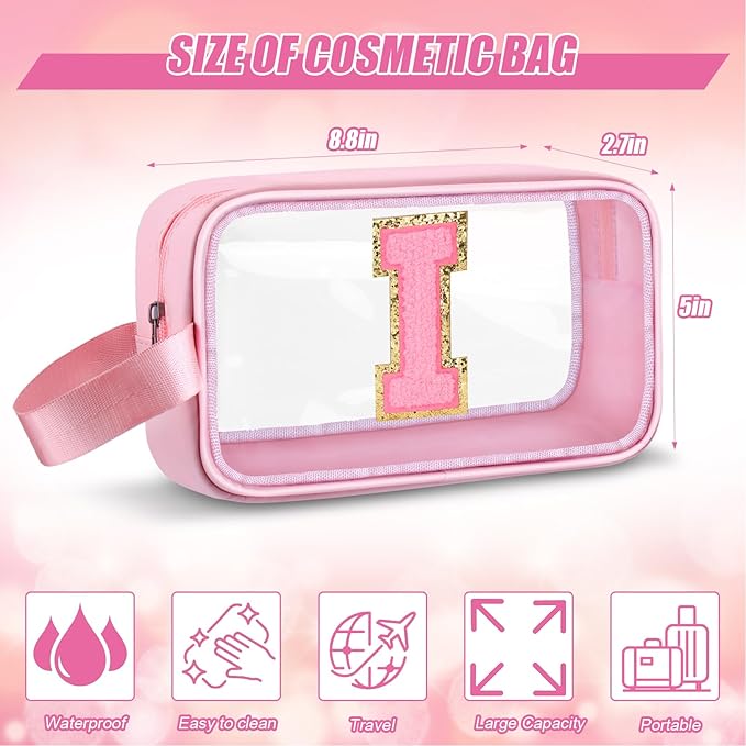 Initial Makeup Bag,Letter I Cute Clear Monogrammed Cosmetic Travel Bag for Womens Girls,Personalized Pink Aesthetic Traveling Make Up Organizer Bag for Beach,Waterproof Toiletry Bag