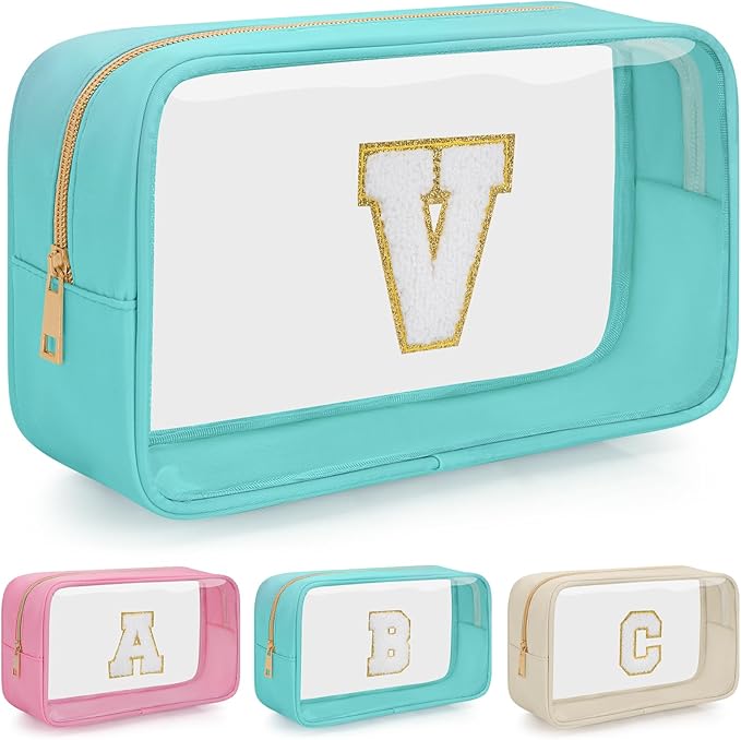Personalized Initial Clear Makeup Bag, Travel Chenille Patch Cosmetic Bag, Preppy Toiletry Bag Monogram Cosmetic Pouch with Zipper, Ideal Gift for Teen Girls Women (Clear-Green, V)