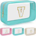 Personalized Initial Clear Makeup Bag, Travel Chenille Patch Cosmetic Bag, Preppy Toiletry Bag Monogram Cosmetic Pouch with Zipper, Ideal Gift for Teen Girls Women (Clear-Green, V)