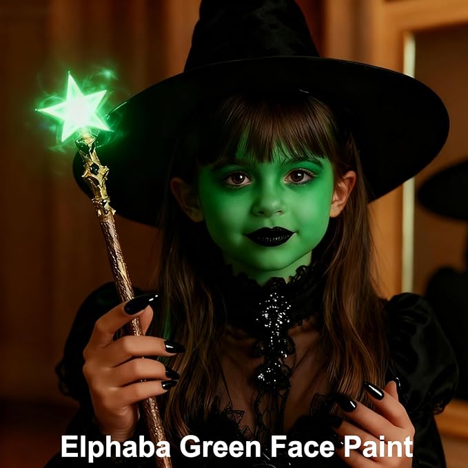 MEICOLY 7Pcs Black White Green Face Body Paint Stick Set with Setting Powder and Sponges,Clown Black White Face Paint,Elphaba Face Paint Makeup,Green Body Paint for Halloween SFX Cosplay Witch Makeup