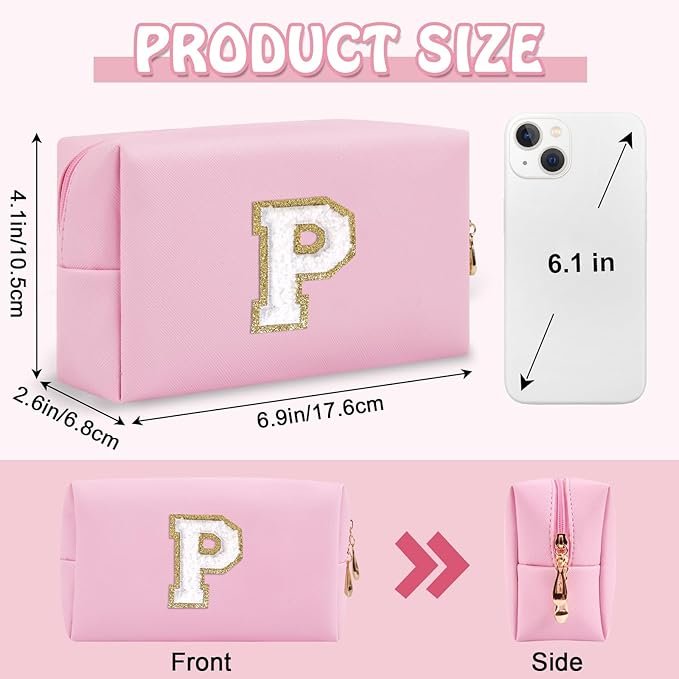Personalized Initial Preppy Makeup Bag Organizer, Pink Small Travel Cosmetic Bag Monogram Toiletry Zipper Pouch for Women, Portable Waterproof PU Makeup Case for Women Friends Party Gift(Letter P)