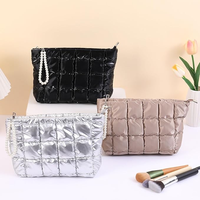 Puffer Quilted Makeup Bag Travel Cosmetic Bag Portable Puffy Checkered Toiletry Pouch Skincare Organizer Purse Pencil Case (Hot Pink)