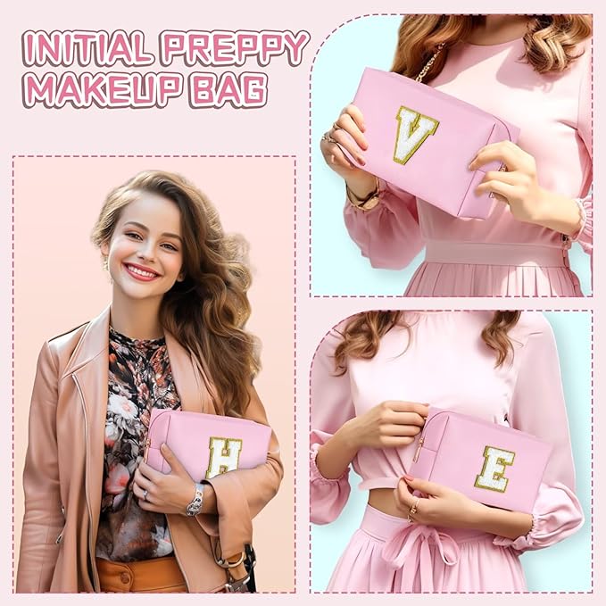 TOPEAST Initial Makeup Bags for Women, Personalized Portable Cosmetic Bag for Travel, Cute Makeup Pouch, PU Leather Waterproof Toiletry Bag, Preppy Things for Girl (Pink V)