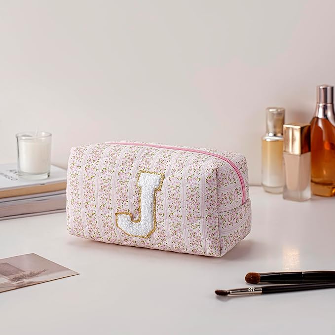 JOVAKIT Alphabet Makeup Bag Cosmetic Bag for Women, Christmas Gifts for Girls Age 6-18, Floral Flowers Coquette Travel Toiletry Zipper Make Up Pouch Organizer Trendy Stuff (Pink Floral J)