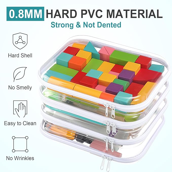 Hoolerry 4 Pcs Hard Clear Zipper Case Makeup Bags Plastic Pencil Pouch Transparent Storage Box Containers for Cosmetics, Snacks, Building Blocks, Puzzles(White,9.8 x 7.9 x 2 in)