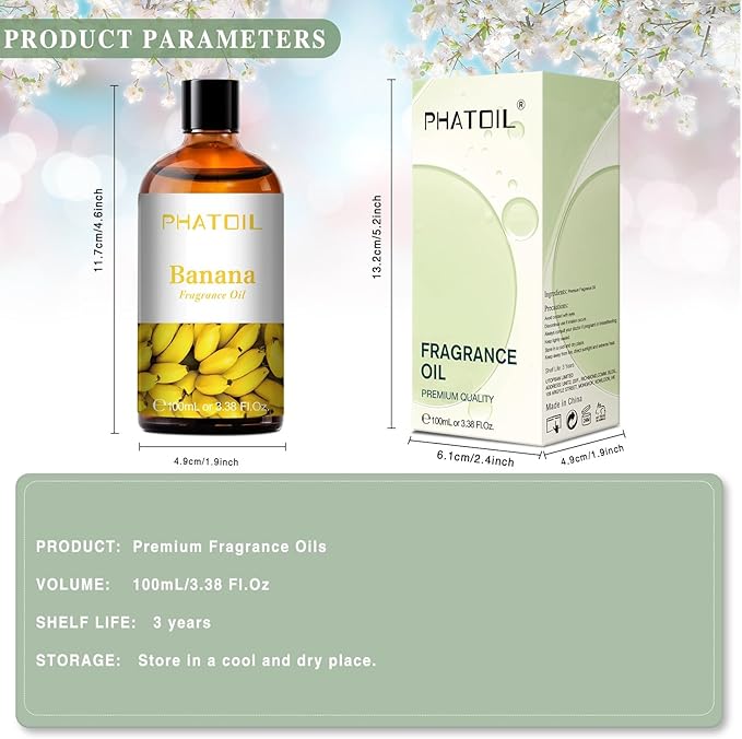 PHATOIL 3.38FL.OZ Banana Fragrance Oils for Aromatherapy, Essential Oils for Diffusers for Home, Perfect for Diffuser, Yoga, Skin Care, DIY Candle and Soap Making - 100ml