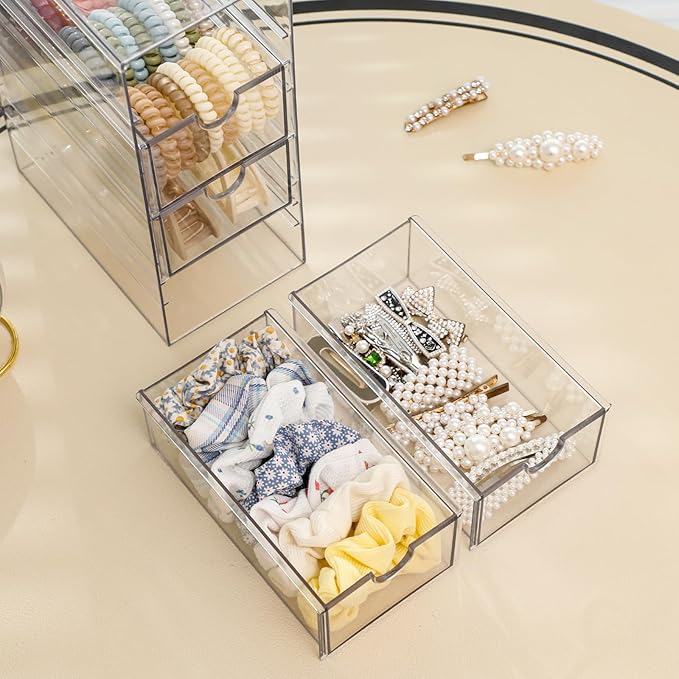 FABROK Clear Hair Accessory Organizer Box with 4 Drawers, Compact Storage Organization Drawers Set for Cosmetics, Glasses, Stationery, Stackable Storage Containers Box for Bathroom, Closet, Desk, Office