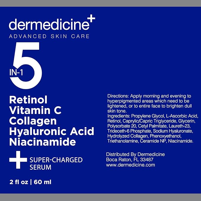 5 in 1 Potent Face Serum with Retinol, Vitamin C, Collagen, Hyaluronic Acid, Niacinamide | May Help Improve Appearance of Fine Lines and Reduce Appearance of Dark Spots | 2 fl oz / 60 ml