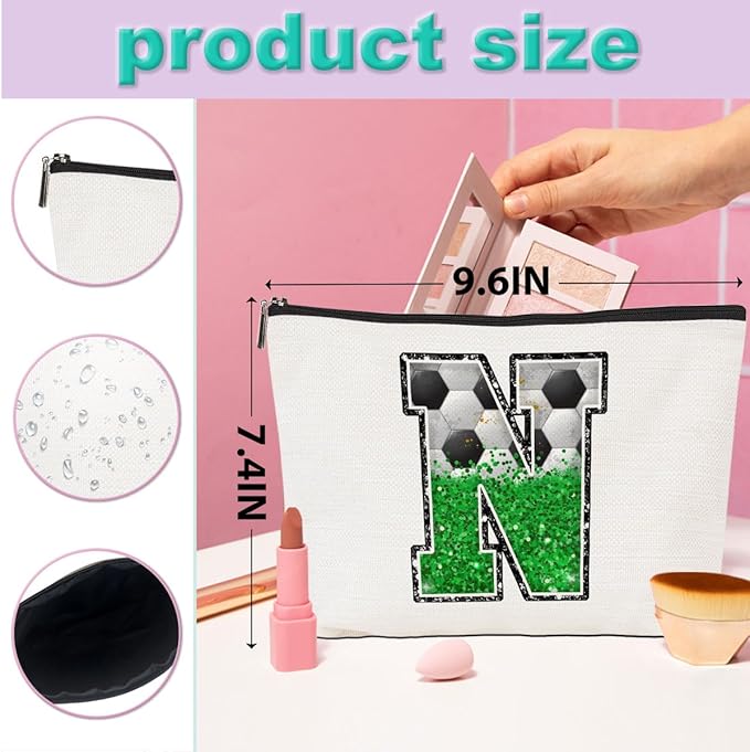 Soccer Gifts Initial Makeup Bag Monogrammed Cosmetic Bag Letter N Zipper Pouch Soccer Accessories for Girls Women Player Coach Friend Stuff Graduation Birthday Gifts